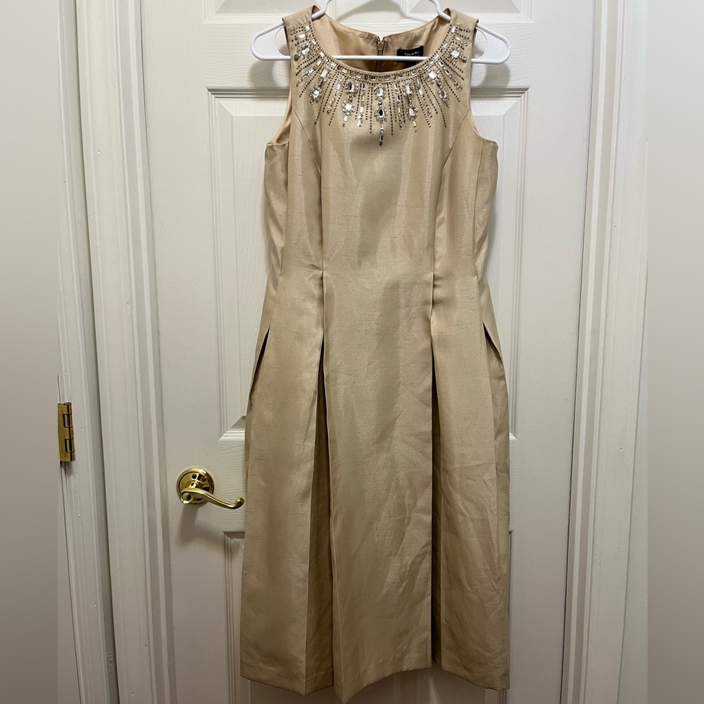 Tahari Champagne Cocktail Dress with jeweled neckline size 8
